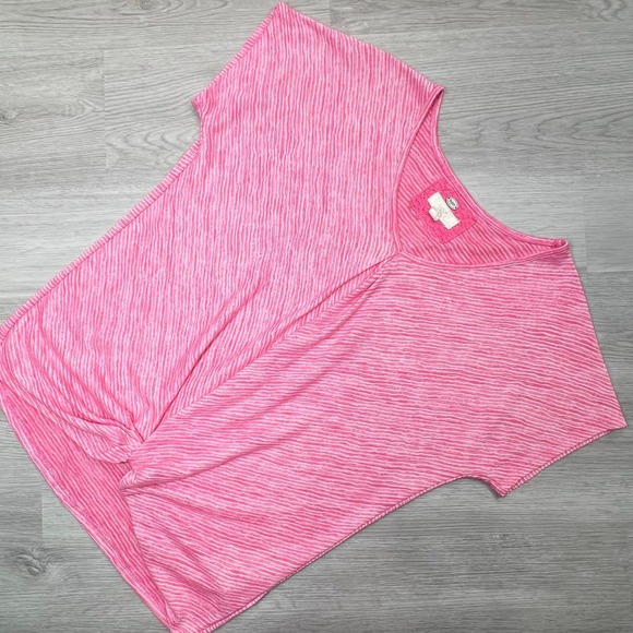 Cupio Womens Twist Front Top Size Medium Pink Striped Short Sleeve Casual Blouse - Picture 1 of 11
